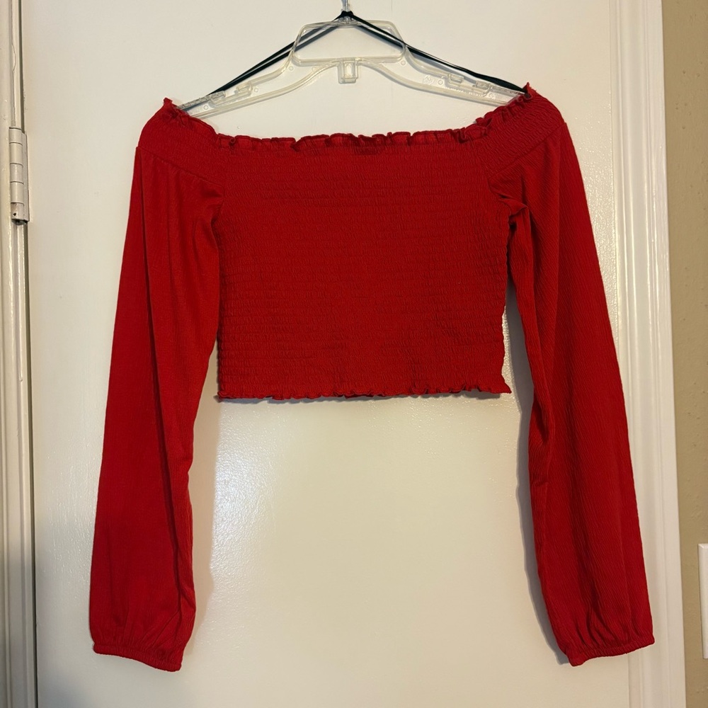 H&M Red Long Sleeve Smocked Crop Top